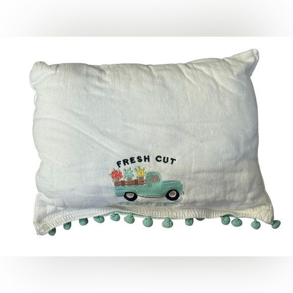 Spring Pillow with Embroidered pickup Truck flowers aqua white throw pillow - Picture 2 of 8